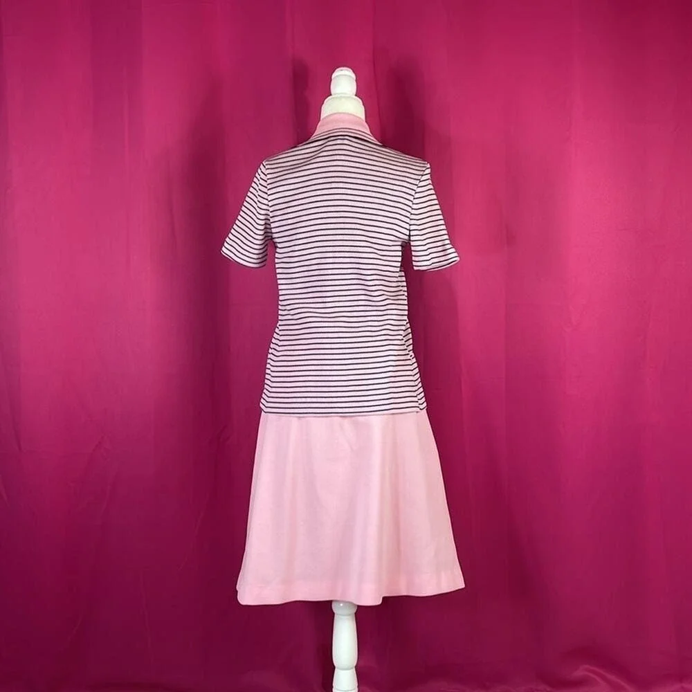 Vintage 60s 70s Striped‎ Knit Dress and Cardigan Set Pink Navy Size 16